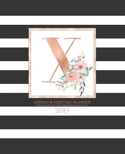 Weekly & Monthly Planner 2019: Black and White Stripes with Rose Gold Monogram Letter A and Pink Flowers (7.5 X 9.25") Vertical Striped at a Glance P